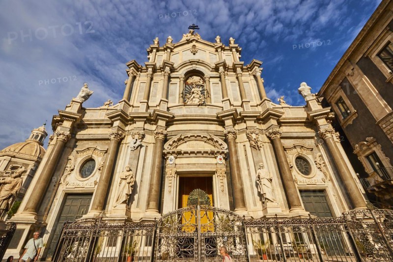 Super wide angle, cathedral, portal, front, blue sky, white clouds, Catania, east coast, Sicily, Italy, Europe