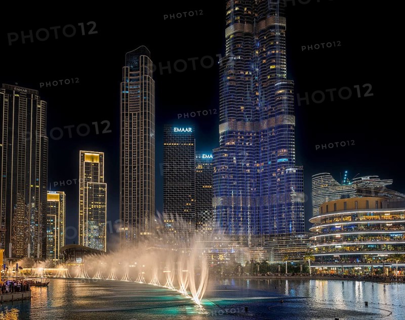 Night shot, water feature in Burj Khalifa Lake, Burk Khalifa, Downtown, Dubai, United Arab Emirates, Asia