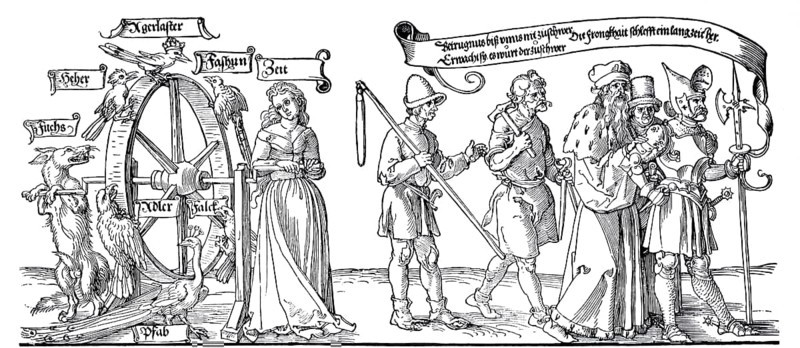 The Tapestry of Michelfeld. Time and a fox turn the wheel of fate, The ignoble birds rule, the noble birds are overcome. Knights, high officials, burghers, blacksmiths and peasants are lured to the throne by deceit, woodcut by Albrecht Dürer, historical, digitally improved reproduction of an old woodcut