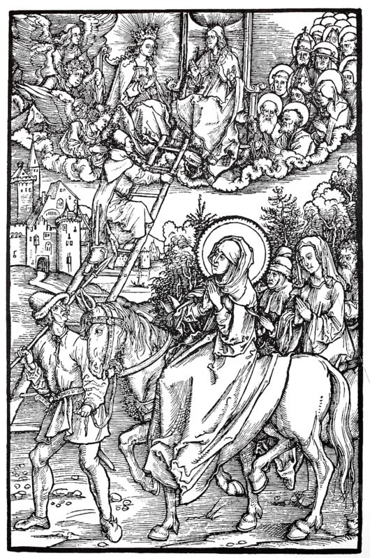Illustration to the revelations of St. Brigitte, St. Brigitte on the ride to her castle Vadstena with entourage and many people has a vision of Magister Magnus ascending to heaven, woodcut by Albrecht Dürer, historical, digital improved reproduction of an old woodcut