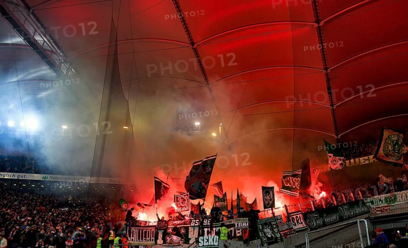 Bengalos, pyrotechnics, pyro, fireworks, Werder Bremen fan block, MHPArena, MHP Arena Stuttgart, Baden-Württemberg, Germany, Europe