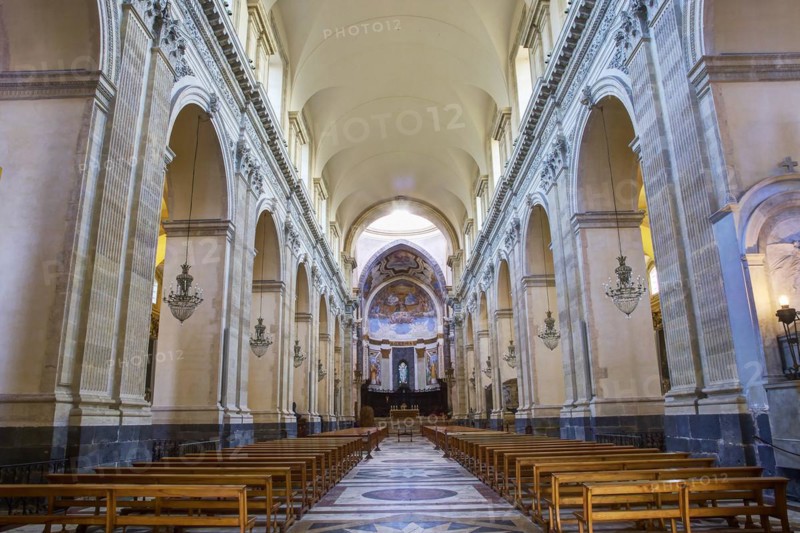 HDR, super wide angle, interior, cathedral, benches, stone arches, old town, Catania, east coast, Sicily, Italy, Europe