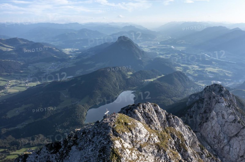 Aerial view, evening mood in the mountains, Schaffauer and Hintersteiner lakes, Wilder Kaiser, Tyrol, Austria, Europe