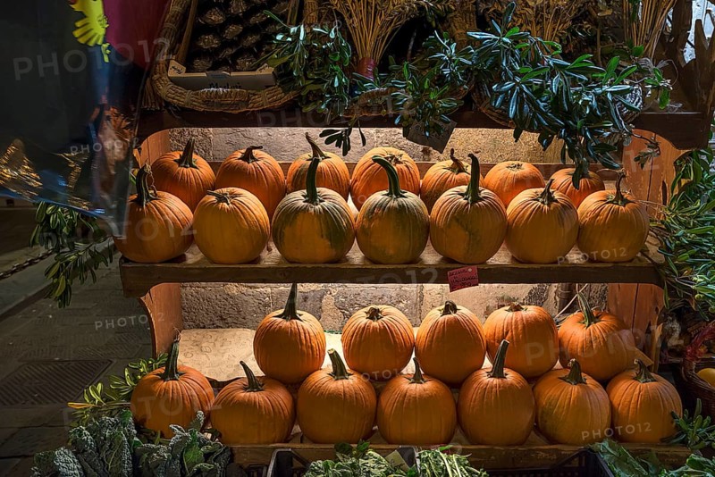 Shelves of Hokkaido pumpkins in front of a fruit shop in the historic centre, Genoa, Italy, Europe