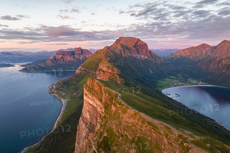 View from Finnesfjellet mountain to mountains and coast, evening moodFinnes, Helgeland coast, Bodo, Nordland, Norway, Europe