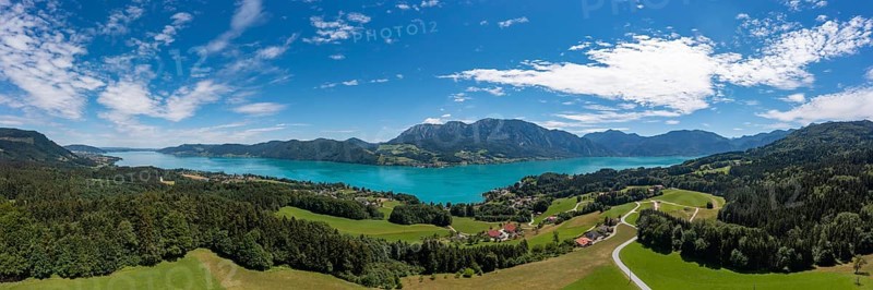 Drone shot, panorama shot, Stockwinkl with Attersee and Höllengebirge, Salzkammergut, Upper Austria, Austria, Europe