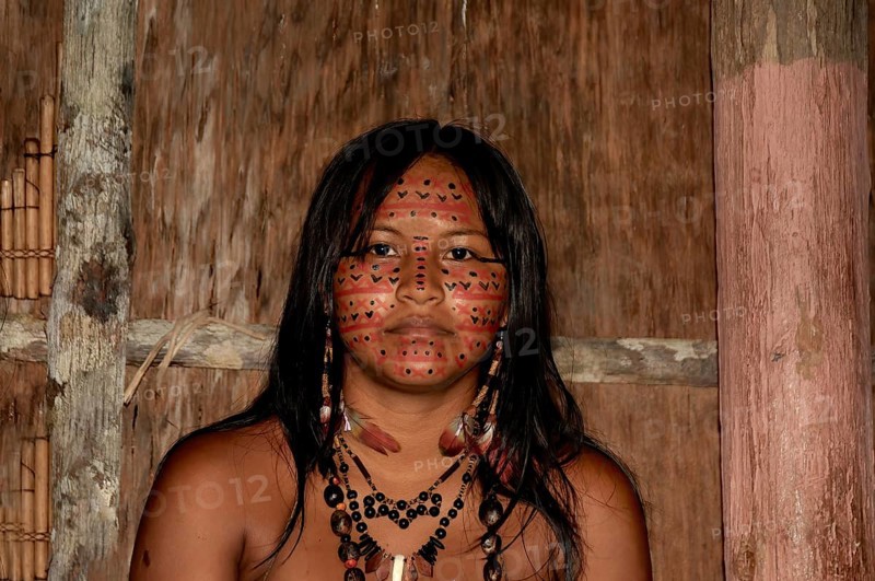 Portrait of an Indian woman from the Dessanos tribe with traditional paintings on her face, Rio Taruma, Manaus, Amazon state, Brazil, South America