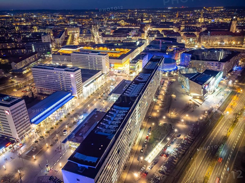 Prager StraÃŸe and St. Petersburger StraÃŸe, with the Prager Spitze, the Pullmann Hotel, the residential row from the 70s