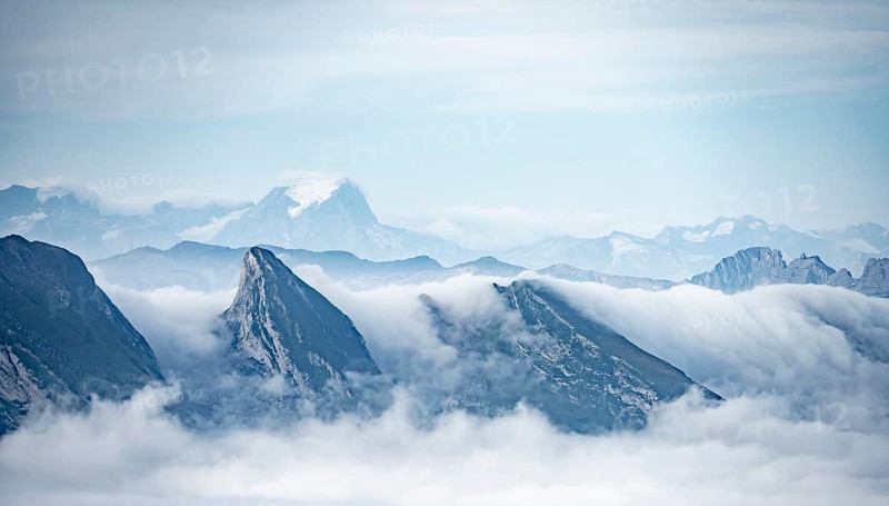 Churfirsten, high fog in the valley, view from SÃ¤ntis, Appenzell Ausserrhoden, Appenzell Alps, Switzerland, Europe