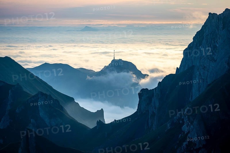 Hoher Kasten and mountains at sunrise, high fog in the valley, view from SÃ¤ntis, Appenzell Ausserrhoden, Appenzell Alps, Switzerland, Europe