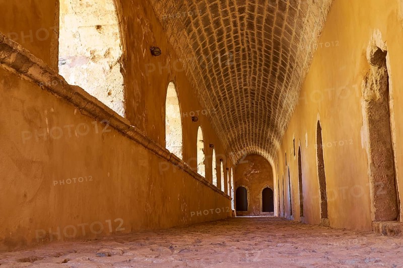 Arcade, tunnel vault, ochre walls, Arkadi, Orthodox Monastery, National Monument, Rethimnon Province, Crete, Greece, Europe