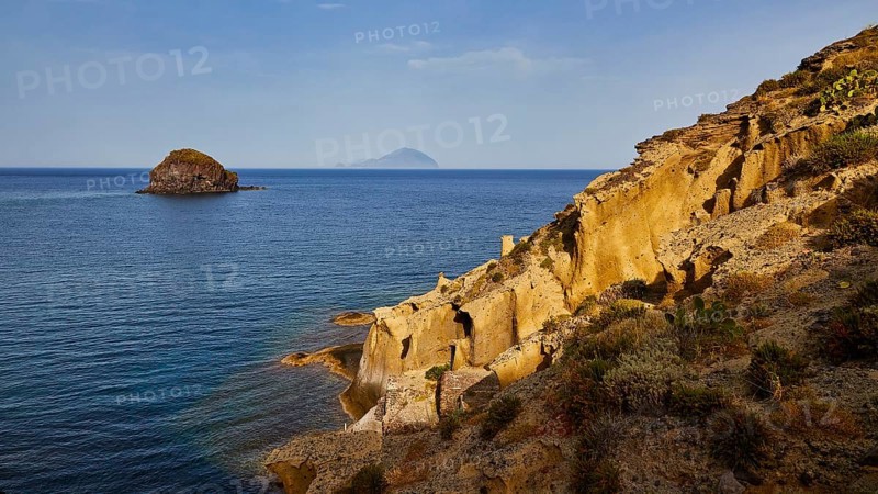 Sandstone cliffs, Filicudi, Scoglio Faraglione, Spiaggia di Pollara, Pollara beach, Pollara, Salina, Aeolian Islands, Sicily, Italy, Europe