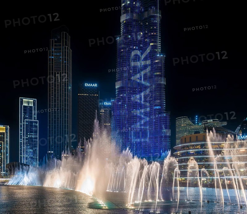 Night shot, water feature in Burj Khalifa Lake, Burk Khalifa, Downtown, Dubai, United Arab Emirates, Asia