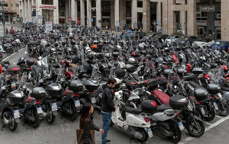 Large car park for scooters in the city, Genoa, Italy, Europe