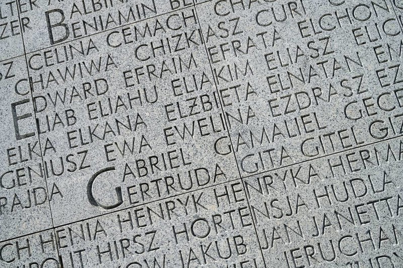 First names, memorial stone, memorial Umschlagplatz am Warschauer Ghetto, place of deportations, Stawki, Warsaw, Masovian Voivodeship, Poland, Europe
