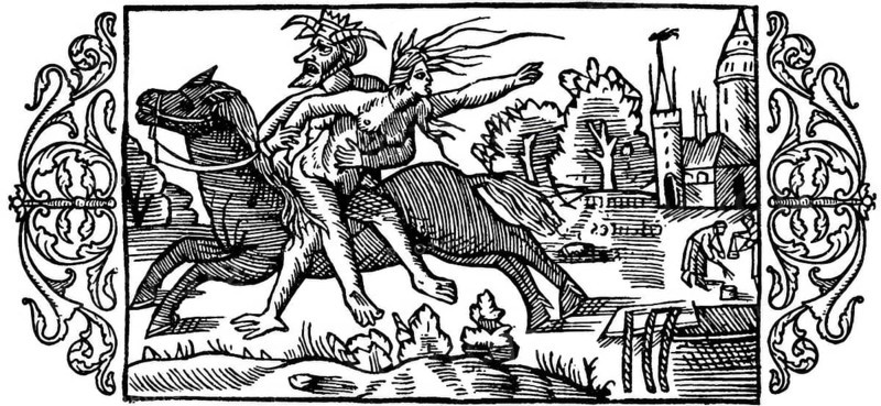Olaus Magnus History of the Nordic Peoples. On the punishment of witches, 1555. The horned man kidnaps the witch from the city, Historical, digitally restored reproduction from an original of the time