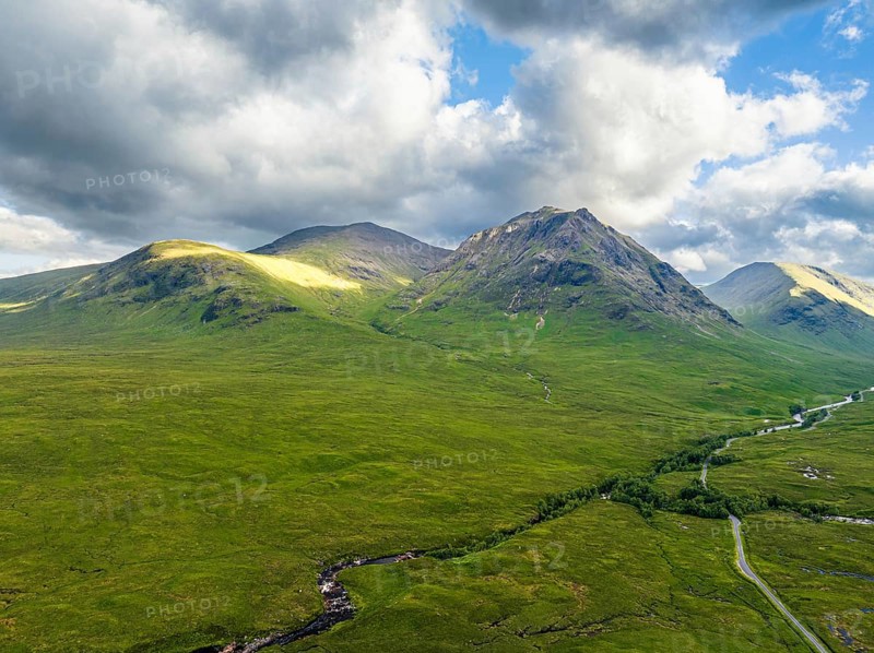 The Buachaille or Buachaille Etive MÃ²r and River Coupall from a drone, Glen Etive and River Etive, Highlands, Scotland, UK