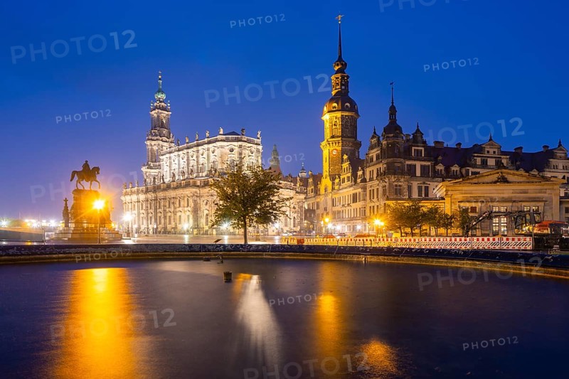 Semper Opera House, Court Church, Residence Palace, Hausmann Tower, King John Monument and Schinkel Guard at Theaterplatz during rain, Dresden, Saxony, Germany, Europe