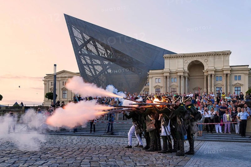 Combat drill and battle reenactment in front of the Dresden Military History Museum. Numerous museums in Dresden open their doors, present their collections and surprise visitors with special events, culinary delights and music