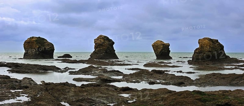 Sea stacks at the Plage des Cinq Pineaux at Saint-Hilaire-de-Riez, La Vendée, Pays de la Loire, France, Europe