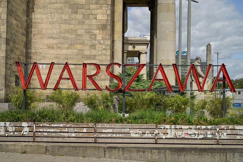 Warszawa lettering in front of the Palace of Culture, Palac Kultury i Nauki, Warsaw, Mazowieckie Voivodeship, Poland, Europe