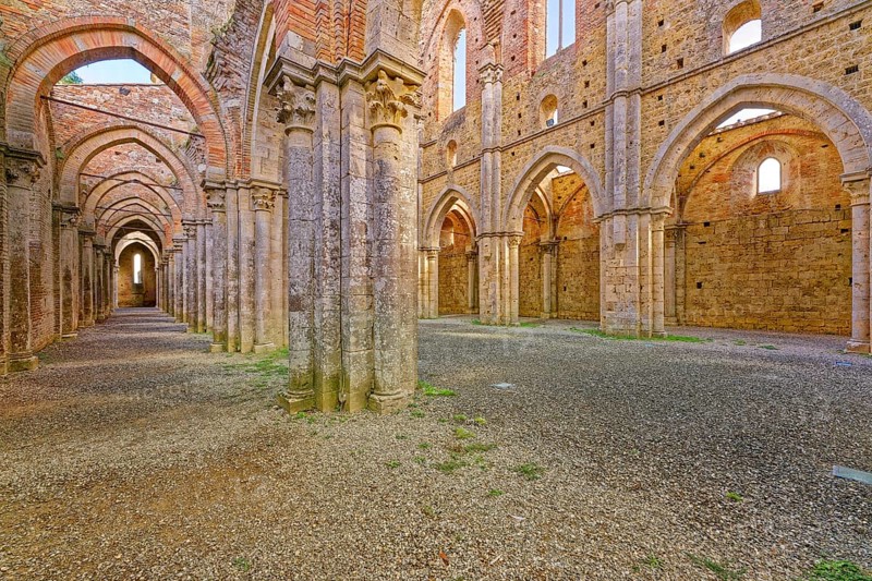 Nave with side aisles, church ruins of the Cistercian Abbey of San Galgano, Abbazia San Galgano, Gothic, Oratorio di San Galgano sul Montesiepi at the back, Chiusdino, Tuscany, Italy, Europe