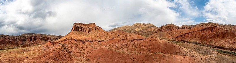 Eroded mountain landscape with sandstone cliffs, red and orange rock formations, Konorchek Canyon, Chuy, Kyrgyzstan, Asia