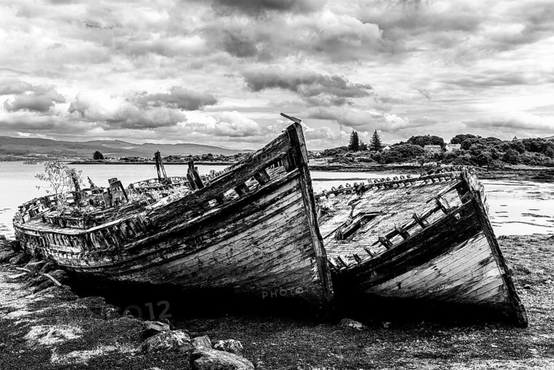 Ships wrecks in Black and White, Salens, Isle of Mull, Scottish Inner Hebrides, Scotland, UK