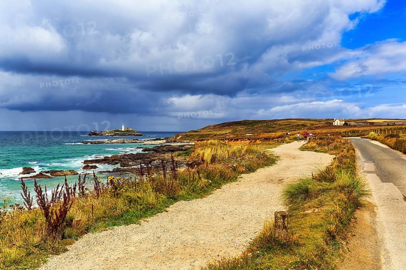 Footpath, South West Coast Path, Coastline with Godrevy Island and Lighthouse, Landscape Conservation Area, National Trust, Gwithian, St Ives Bay, Cornwall, England, United Kingdom, Europe