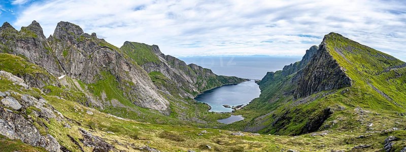 Panorama, view of the fjord Djupfjorden with mountain landscape, hiking trail to Munkebu hut, Moskenesoya, Lofoten, Nordland, Norway, Europe