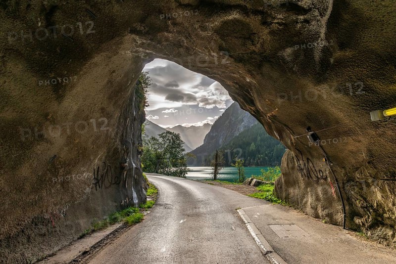 Hiking trail through car tunnel, Stillupgrund, Mayrhofen, Zillertal Alps High Mountain nature park Park, Tyrol, Austria, Europe