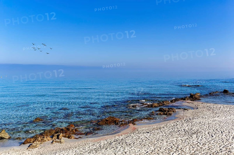 Coastline in the morning mist, sandy beach with rocks by the sea, blue sky, L'Île-Rousse, Ile Rousse, Haute-Corse, Balagne, north coast, Corsica, France, Europe