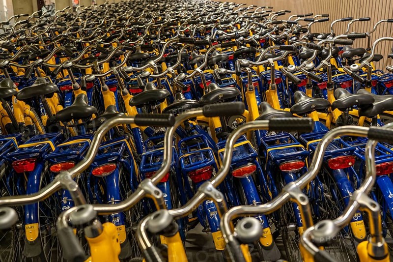 Bicycles at the OV-Fiets rental station, at Utrecht Central Station, hundreds of rental bikes waiting to be used, offer of the Dutch railway NS, for customers, low rental costs, available at almost every station, Utrecht, Netherlands