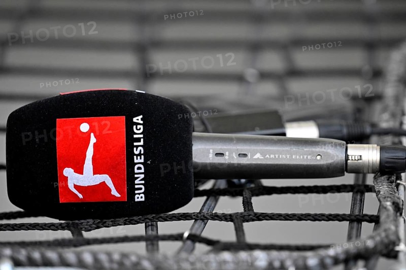 Microphone, microphone, Bundesliga logo, lies on grid, MHPArena, MHP Arena Stuttgart, Baden-Württemberg, Germany, Europe