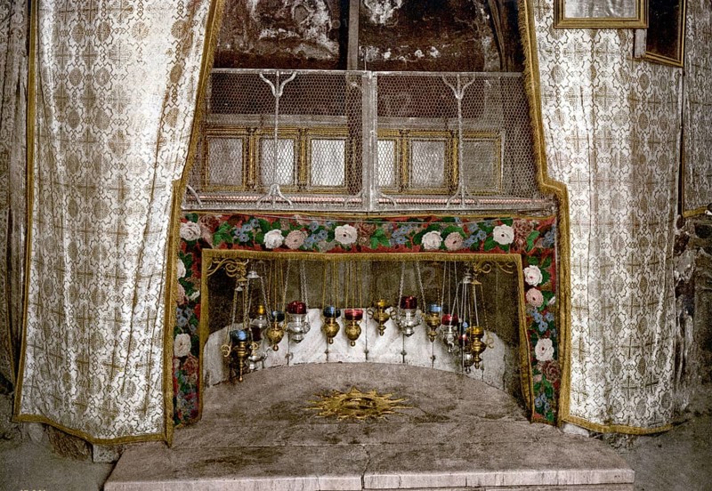 Grotto of the Nativity, Bethlehem, Holy Land, West Bank, c. 1890, Historic, digitally restored reproduction from a 19th century original, Grotto of the Nativity, the Holy Land, West Bank, 1890, Historic, digitally restored reproduction from a 19th century original