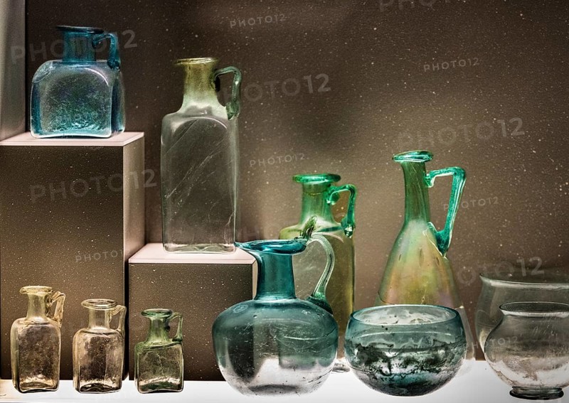 Glass vessels, 3rd-4th century, National Archaeological Museum, Villa Cassis Faraone, UNESCO World Heritage Site, important city in the Roman Empire, Aquileia, Friuli, Italy, Aquileia, Friuli, Italy, Europe