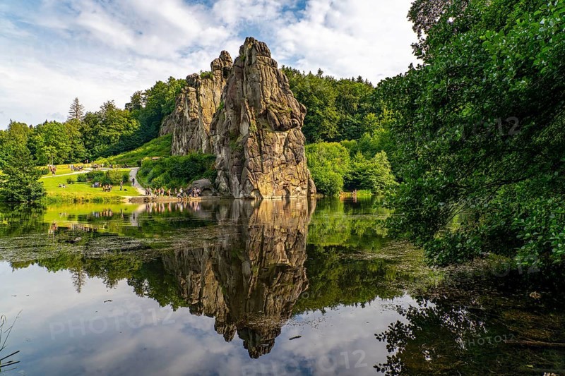 The Externsteine, a sandstone rock formation, Wiembecketeich, in the Teutoburg Forest, near Horn-Bad Meinberg, Lippe district, North Rhine-Westphalia, Germany, Europe