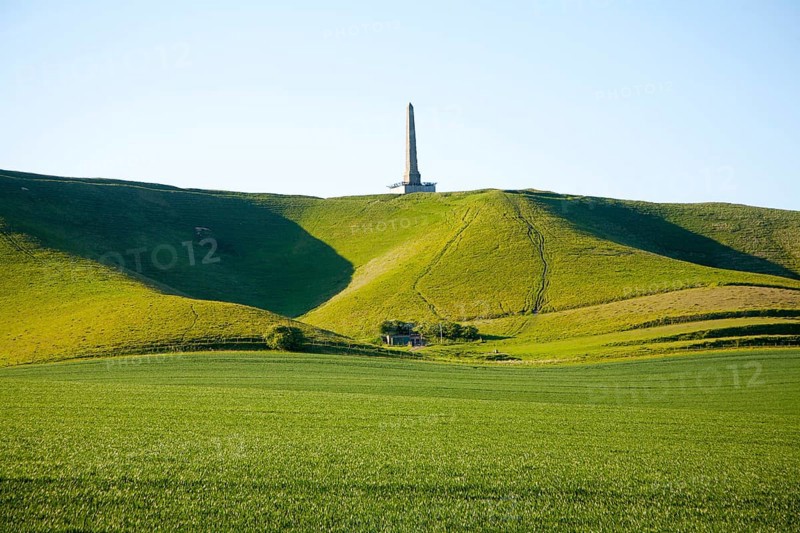 Lansdowne monument obelisk on the chalk scarp slope of Cherhill Downs, Cherhill, Wiltshire, England, United Kingdom, Europe