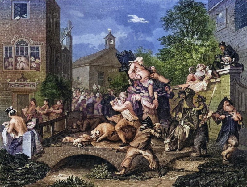 The Election Chairing the Member Engraved by T E Nicholson after Hogarth from The Works of Hogarth published London 1833, Historisch, digital restaurierte Reproduktion von einer Vorlage aus dem 19. Jahrhundert, Record date not stated