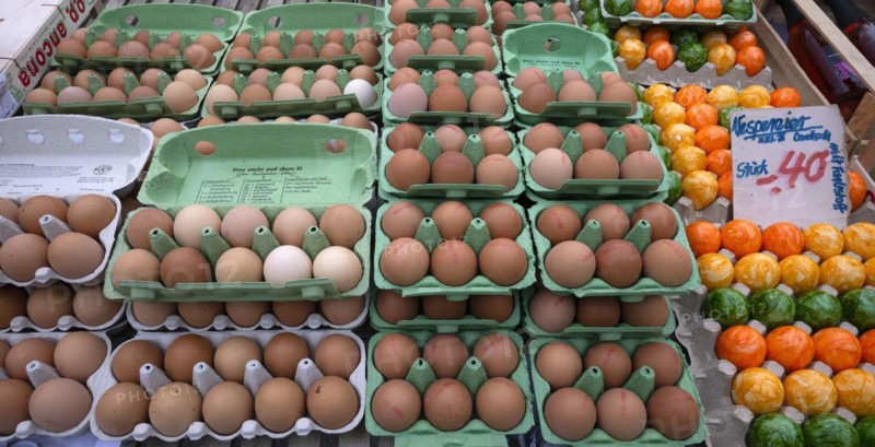 Fresh eggs, vesper eggs, free-range eggs, egg carton, weekly market market, Stuttgart, Baden-Württemberg, Germany, Europe