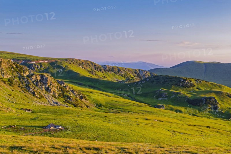 View of the mountains of the Transylvanian Alps in the southern Carpathians from a height in the Malaia region. Transalpina High Road, Malaia, Valcea, Transylvania, Romania, South-East Europe, Europe