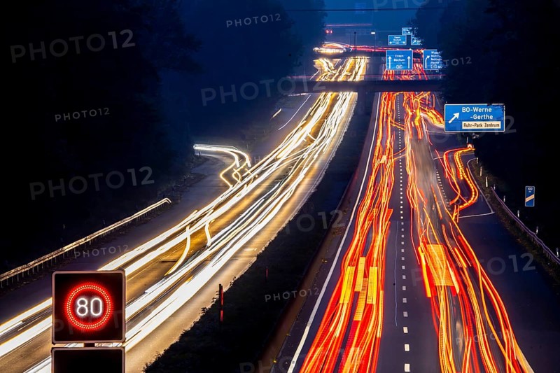 Motorway A40, Ruhrschnellweg, near Bochum, heavy evening traffic, in front of the motorway junction Bochum, A43, view in west direction
