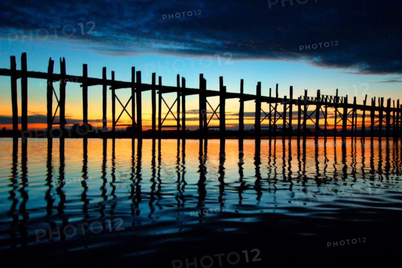 Myanmar, Wooden bridge at Inle Lake at sunset, Inle Lake, Myanmar, Asia