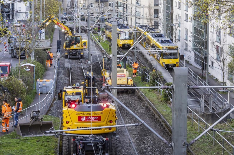 Construction work on the urban railway tracks, the SSB lines are interrupted, the tracks are being renewed, Stuttgart, Baden-Württemberg, Germany, Europe