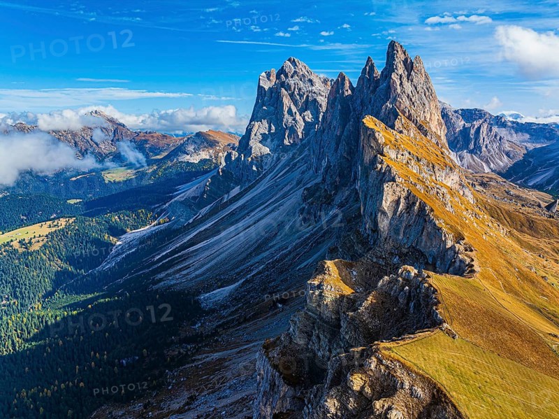 The Sas Rigais and Furchetta peaks of the Odle Group, drone shot, Val Gardena, Dolomites, Autonomous Province of Bolzano, South Tyrol, Italy, Europe