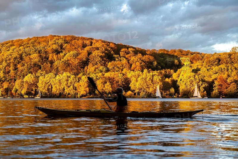 Lake Baldeney, a reservoir of the Ruhr, in Essen, autumn, sailing boats, headframe of the former Carl Funke colliery, in the district of Heisingen, Essen, North Rhine-Westphalia, Germany, Europe
