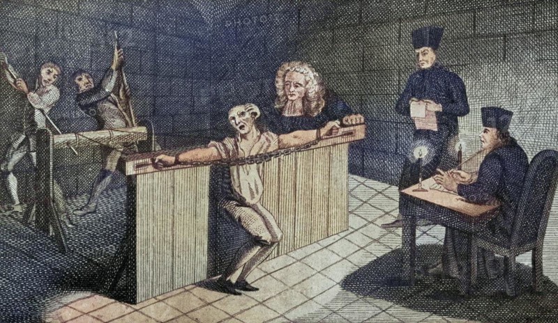 Die Folterung von John Coustos 1703 bis 1746 in Lissabon 1744 aus dem Buch Der Freimaurer von Eugen Lennhoff, erschienen 1932, The torture of John Coustos 1703 to 1746 in Lisbon 1744 from the book The Freemason by Eugen Lennhoff published 1932, Historisch, digital restaurierte Reproduktion von einer Vorlage aus dem 19. century, Record date not stated