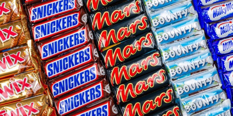 Mars Incorporated products such as Snickers chocolate bars, Twix, Milky Way and Bounty bars as a panoramic background