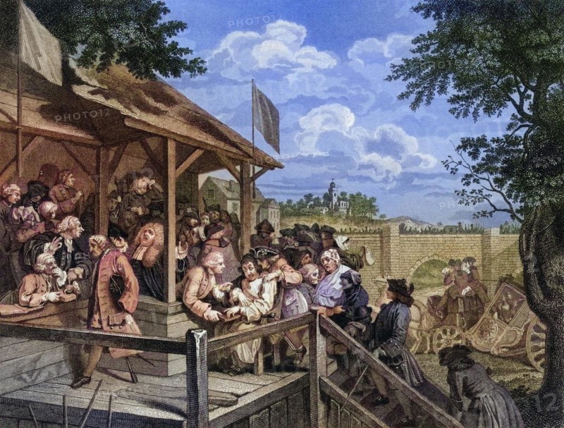 The Election The Polling Engraved by G Presbury after Hogarth from The Works of Hogarth published London 1833, Historisch, digital restaurierte Reproduktion von einer Vorlage aus dem 19. Jahrhundert, Record date not stated