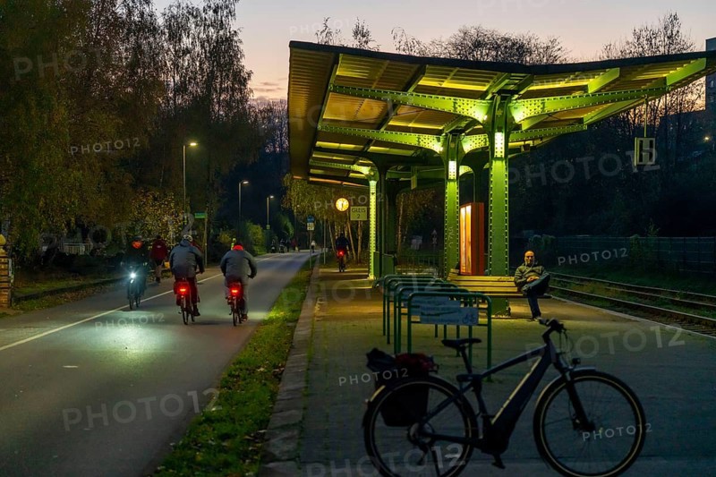 The Nordbahntrasse, a cycle path, footpath, on a former 22 km long railway line, along the west-east axis of Wuppertal, on the northern slope, with many tunnels, viaducts and views of the city, former Wuppertal-Loh railway station, Wuppertal, North Rhine-Westphalia, Germany, Europe